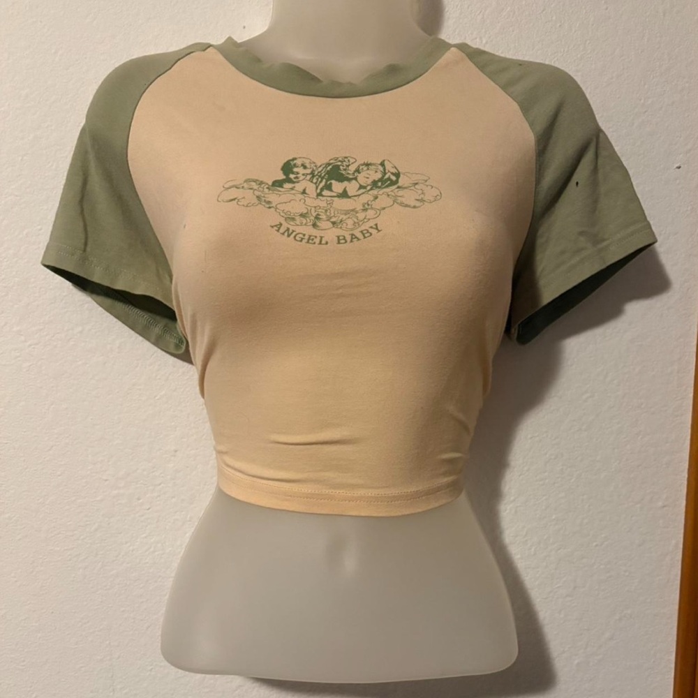 green and beige L crop top